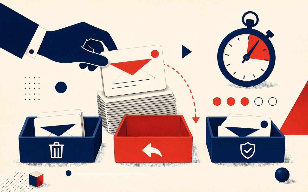 Inbox Zero game sorting inbox messages into trash, reply and verify under a 90 second timer