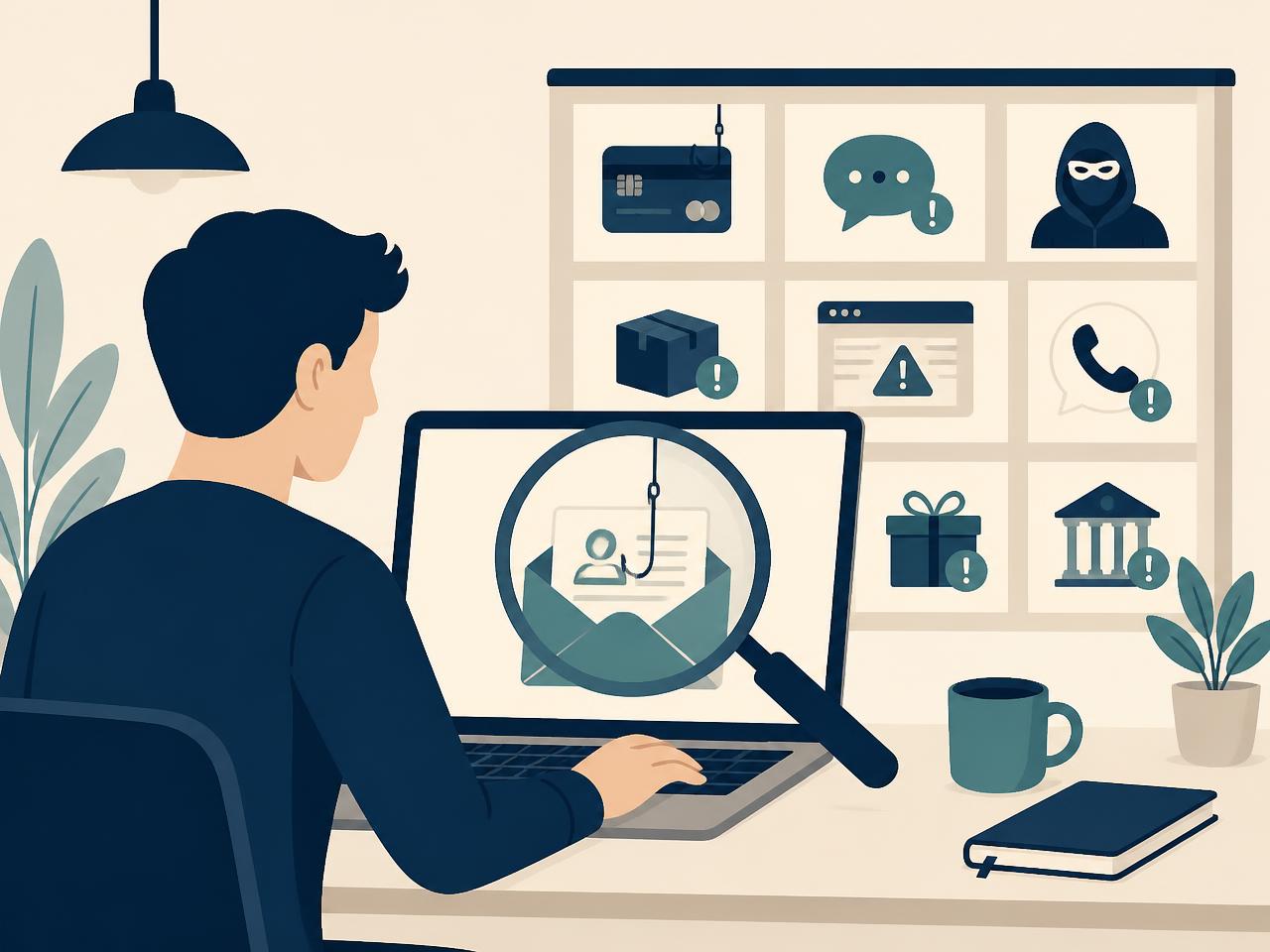 Person learning to identify phishing emails and fraud patterns with ScamBare's scam dictionary