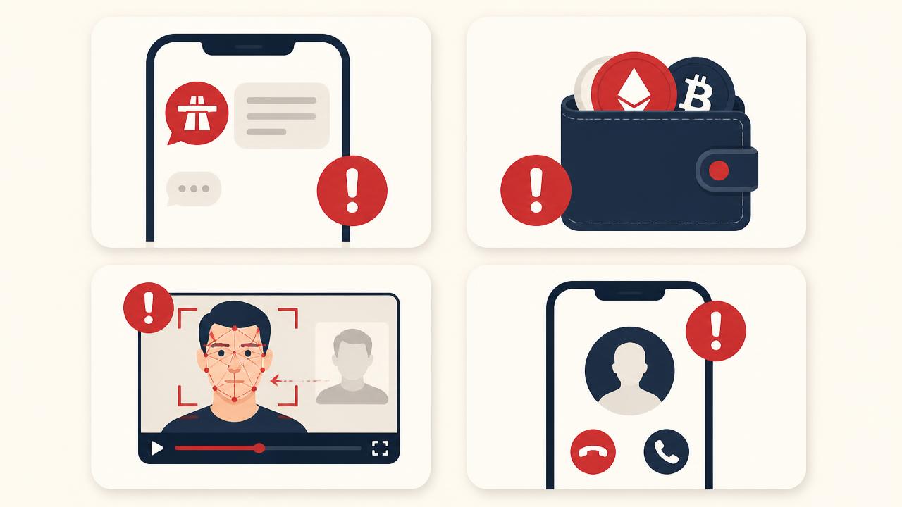 Common scam types covered by ScamBare: toll text scams, crypto scams, AI deepfakes, and unknown caller scams