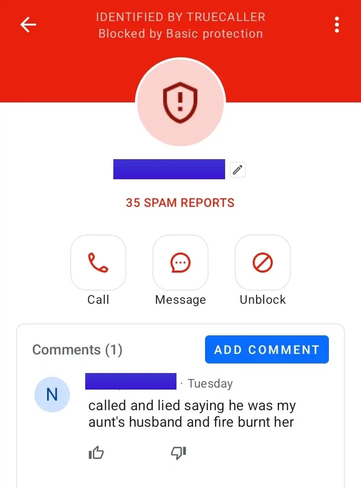 A spam call number identified by Truecaller.